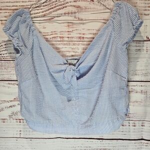 Iris Blue White‎ Stripe Seersucker Off Shoulder Crop Top Women's Size L